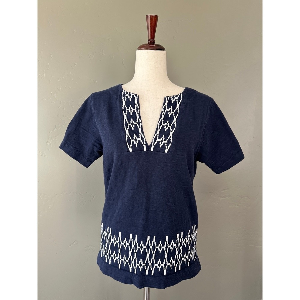 J.Crew‎ Embroidered Slub Cotton Tunic Top S Navy Blue Split Neck Coastal Boho